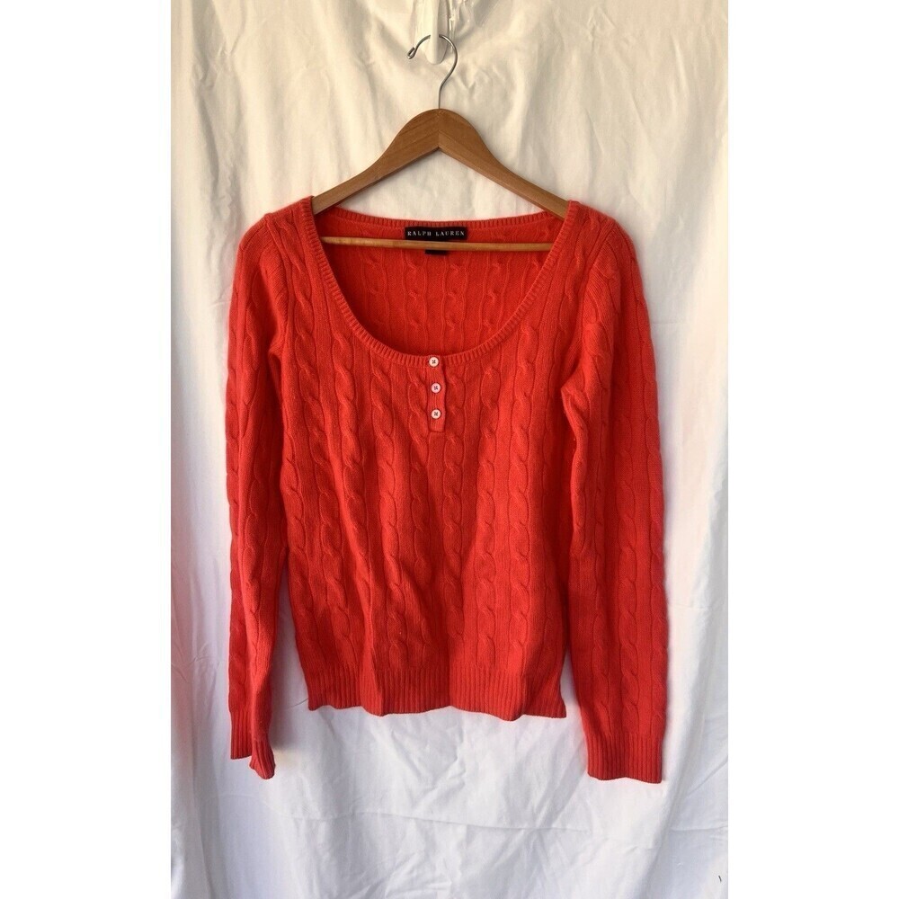 Ralph Lauren Black Label 100% Cashmere Sweater M Cable Knit Scoop Neck Button
